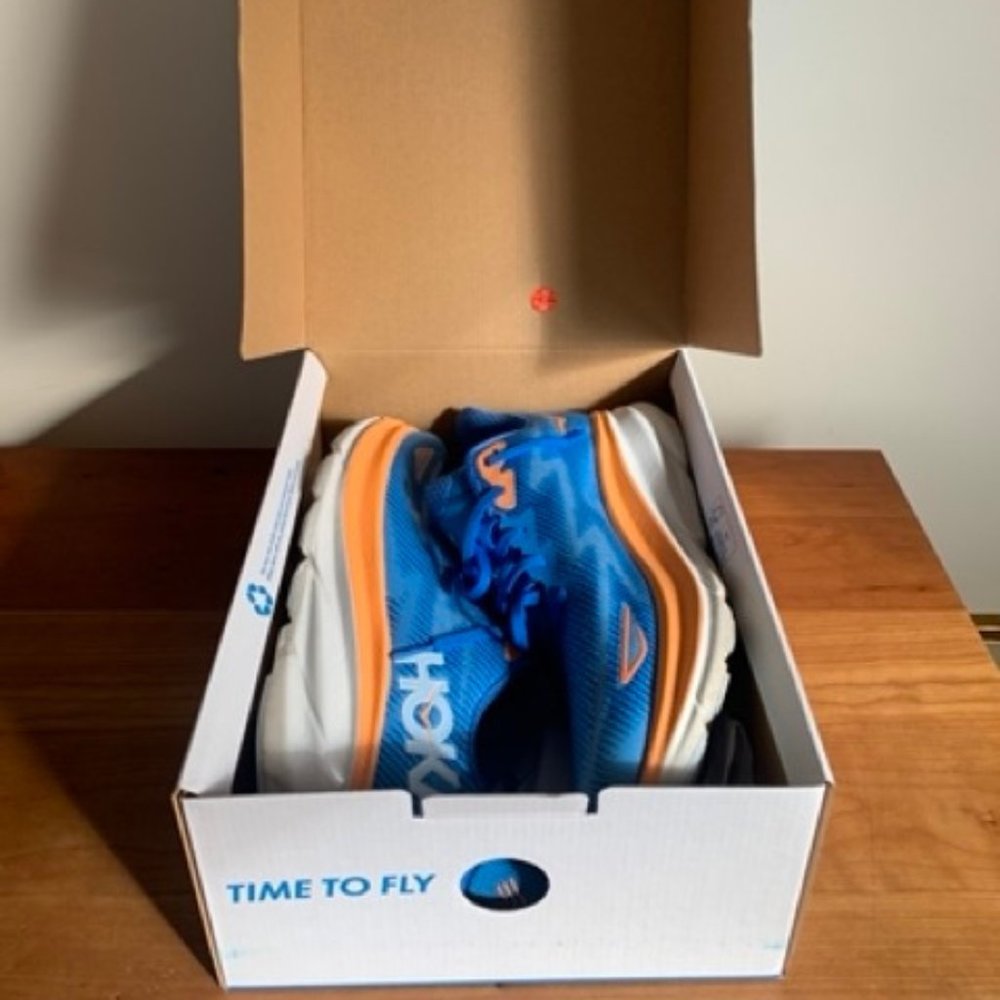 New with Box, HOKA M Clifton 9 Running Shoes, Men's size 9.5D, Blue & Orange